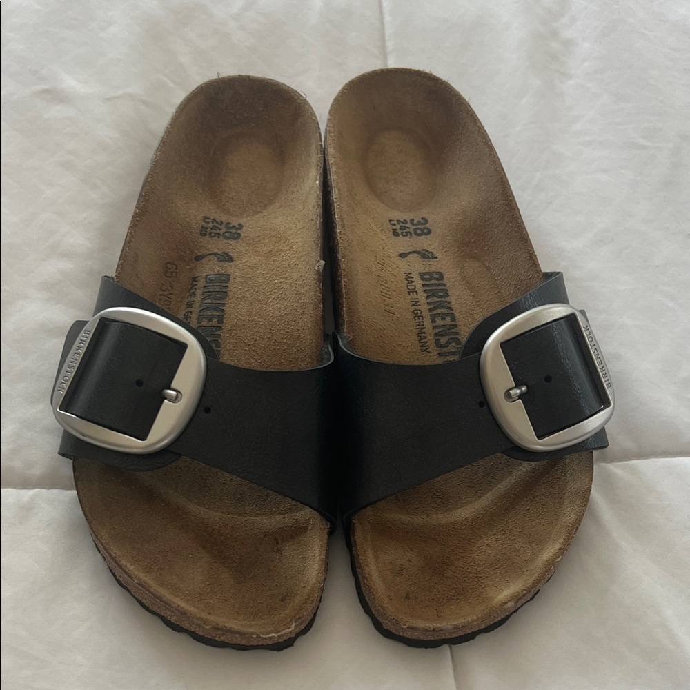 Birkenstock Black Slides with Metallic Buckle Size 38 Worn Once